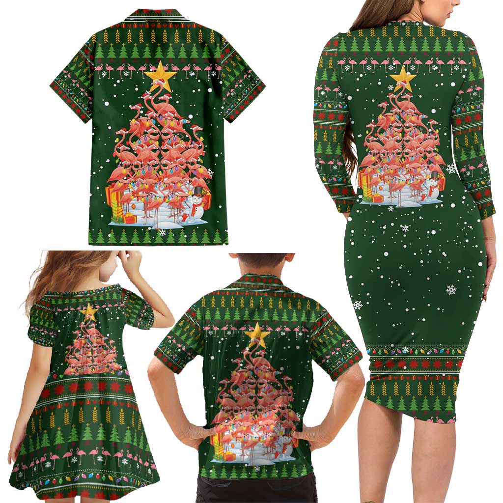 Flamingo Christmas Tree Christmas Family Matching Long Sleeve Bodycon Dress and Hawaiian Shirt Funny Xmas Holiday Patterns - Wonder Print Shop