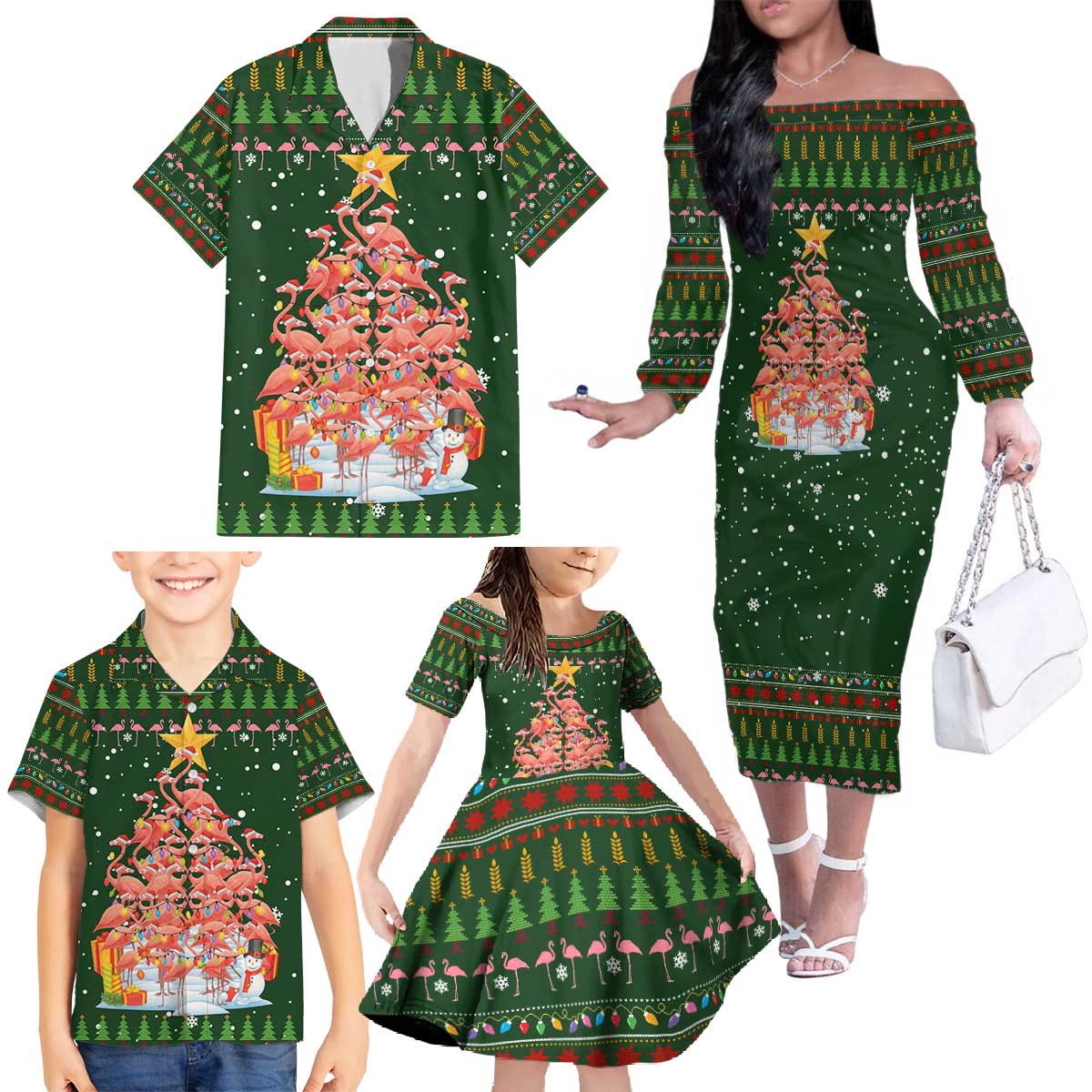 Flamingo Christmas Tree Christmas Family Matching Off The Shoulder Long Sleeve Dress and Hawaiian Shirt Funny Xmas Holiday Patterns - Wonder Print Shop