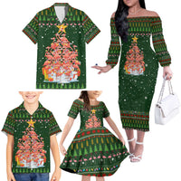 Flamingo Christmas Tree Christmas Family Matching Off The Shoulder Long Sleeve Dress and Hawaiian Shirt Funny Xmas Holiday Patterns - Wonder Print Shop
