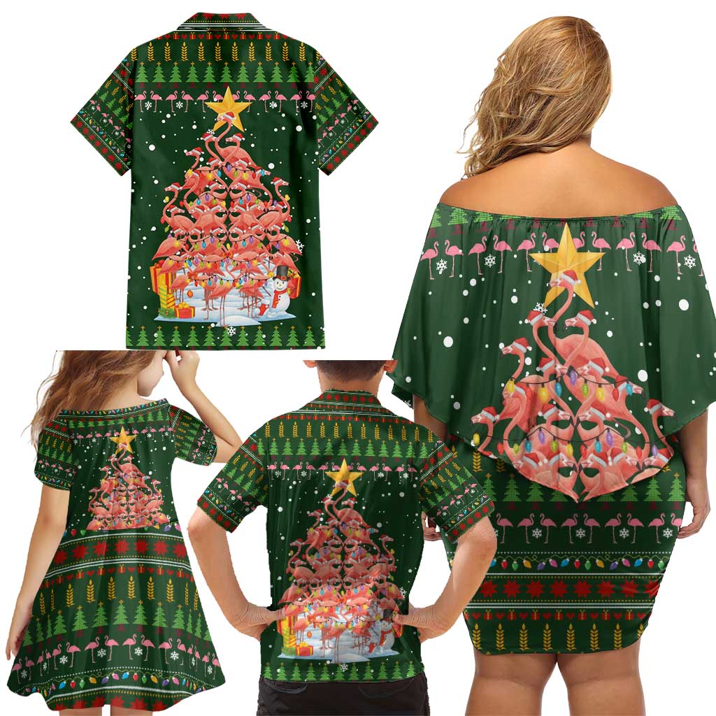 Flamingo Christmas Tree Christmas Family Matching Off Shoulder Short Dress and Hawaiian Shirt Funny Xmas Holiday Patterns - Wonder Print Shop
