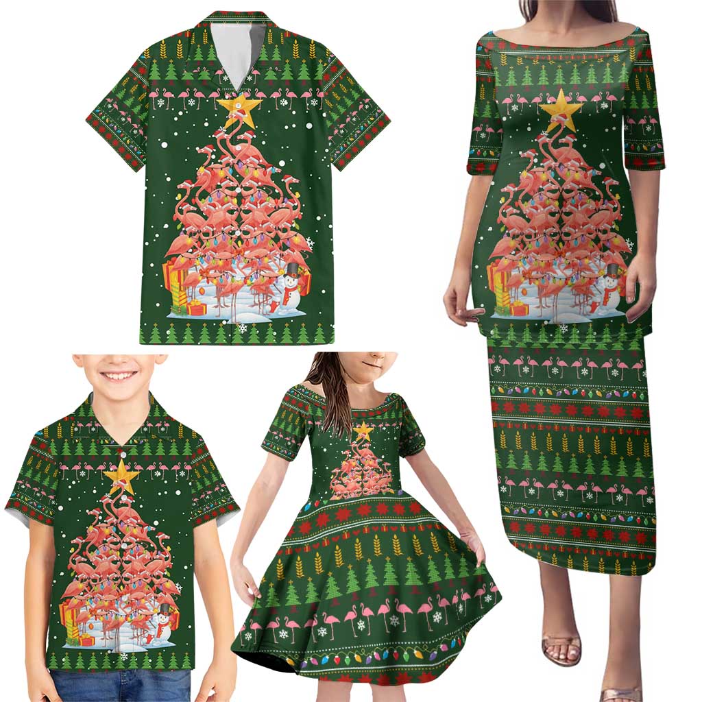 Flamingo Christmas Tree Christmas Family Matching Puletasi and Hawaiian Shirt Funny Xmas Holiday Patterns - Wonder Print Shop