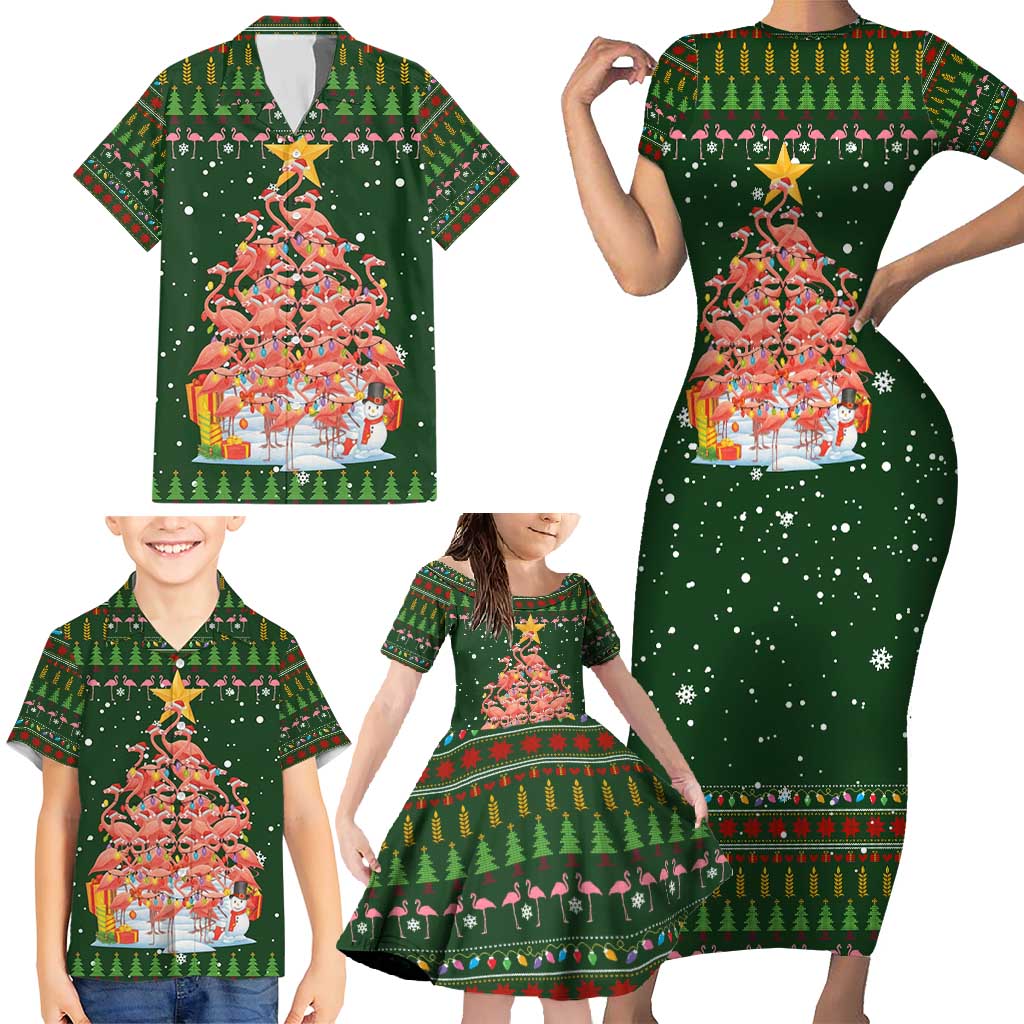 Flamingo Christmas Tree Christmas Family Matching Short Sleeve Bodycon Dress and Hawaiian Shirt Funny Xmas Holiday Patterns - Wonder Print Shop