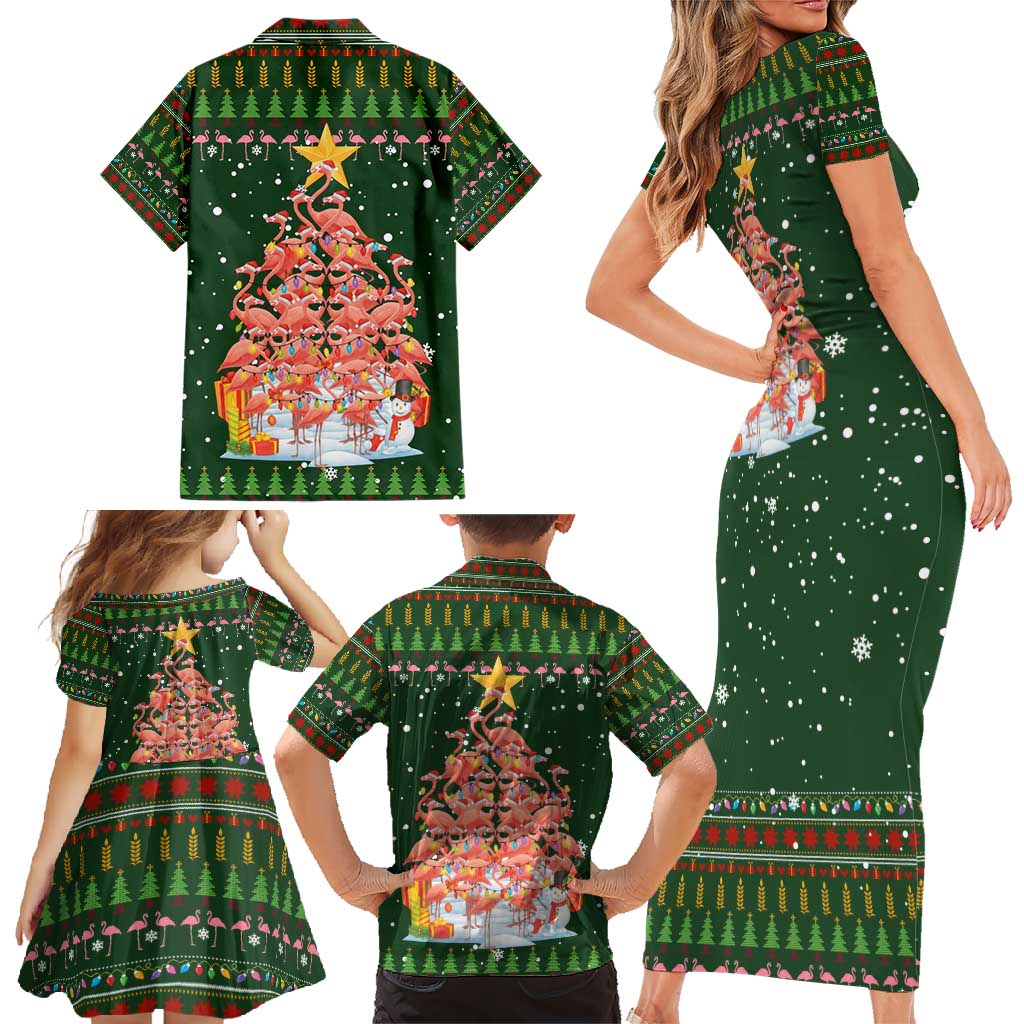 Flamingo Christmas Tree Christmas Family Matching Short Sleeve Bodycon Dress and Hawaiian Shirt Funny Xmas Holiday Patterns - Wonder Print Shop