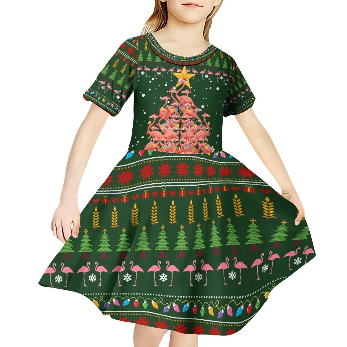Flamingo Christmas Tree Christmas Kid Short Sleeve Dress Funny Xmas Holiday Patterns - Wonder Print Shop