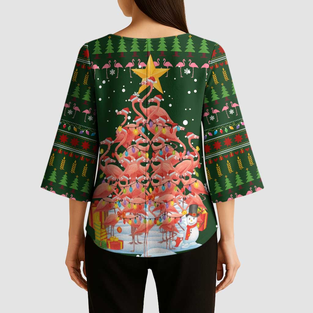 Flamingo Christmas Tree Christmas Kimono Sleeve Blouse Funny Xmas Holiday Patterns - Wonder Print Shop