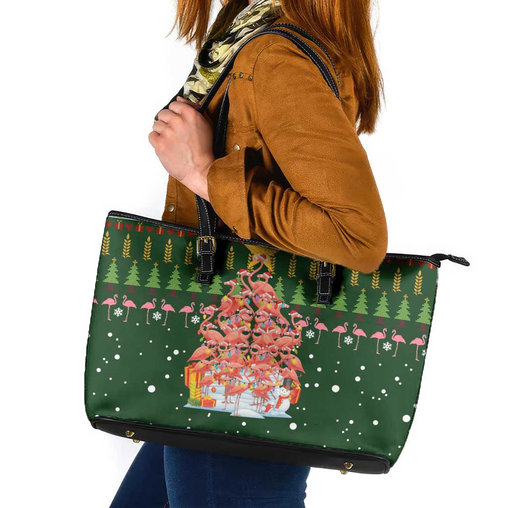 Flamingo Christmas Tree Christmas Leather Tote Bag Funny Xmas Holiday Patterns - Wonder Print Shop