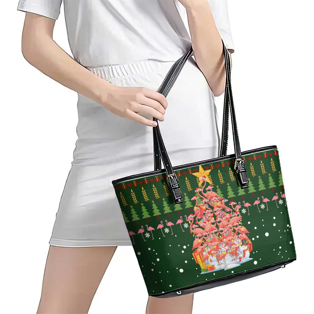 Flamingo Christmas Tree Christmas Leather Tote Bag Funny Xmas Holiday Patterns - Wonder Print Shop
