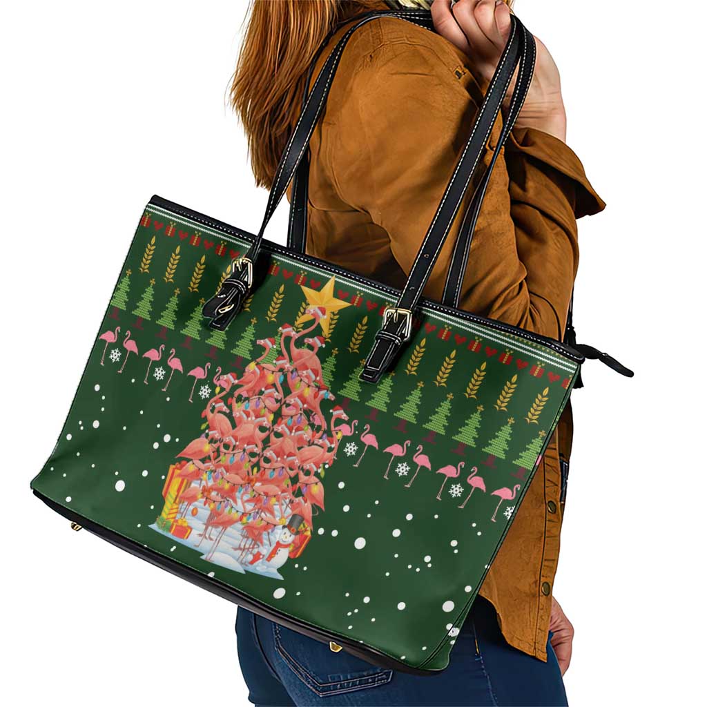 Flamingo Christmas Tree Christmas Leather Tote Bag Funny Xmas Holiday Patterns - Wonder Print Shop
