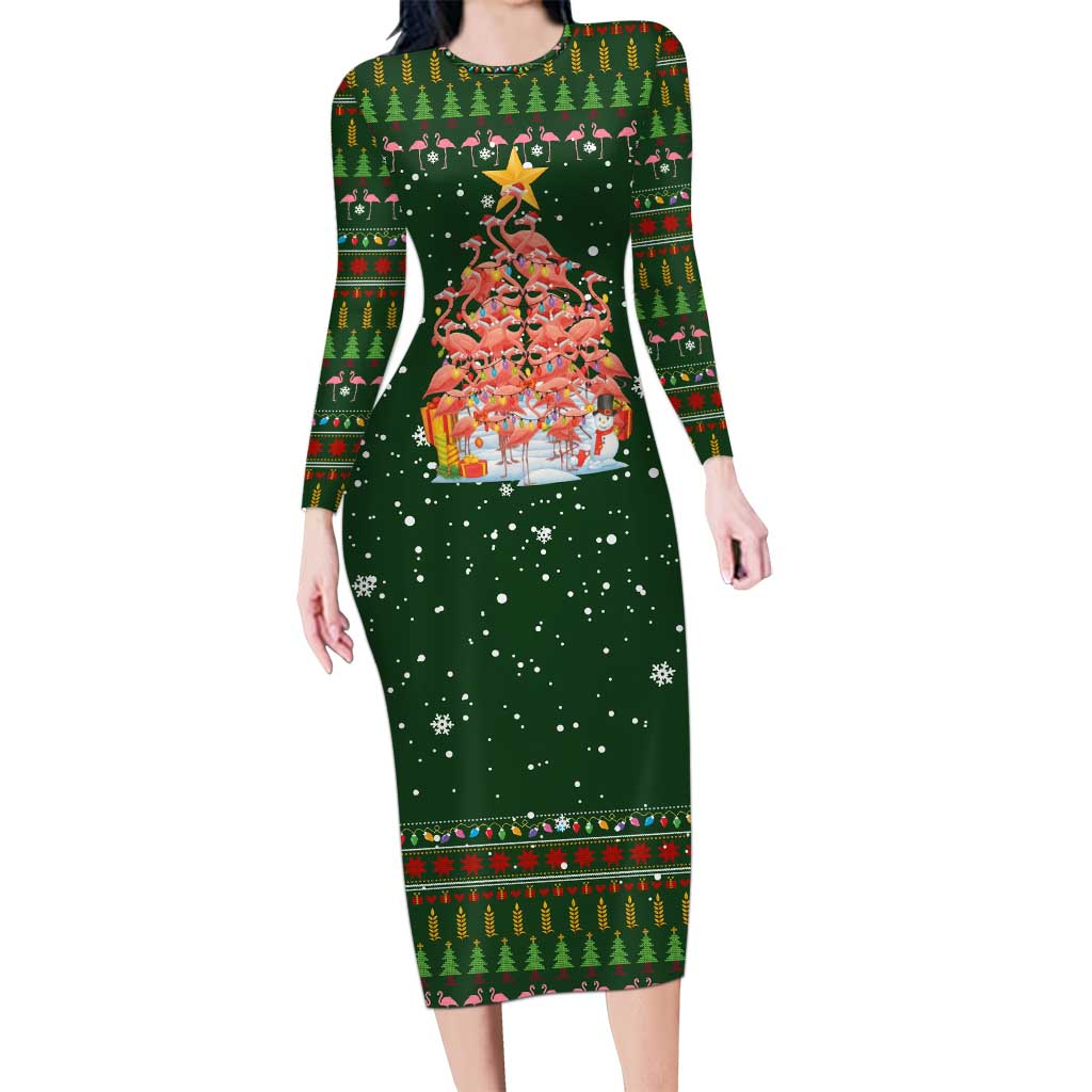 Flamingo Christmas Tree Christmas Long Sleeve Bodycon Dress Funny Xmas Holiday Patterns - Wonder Print Shop