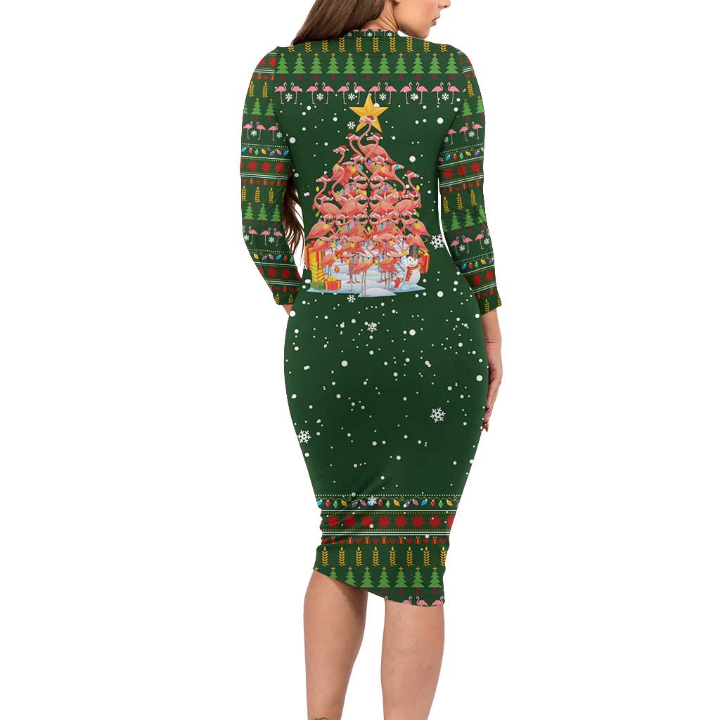 Flamingo Christmas Tree Christmas Long Sleeve Bodycon Dress Funny Xmas Holiday Patterns - Wonder Print Shop