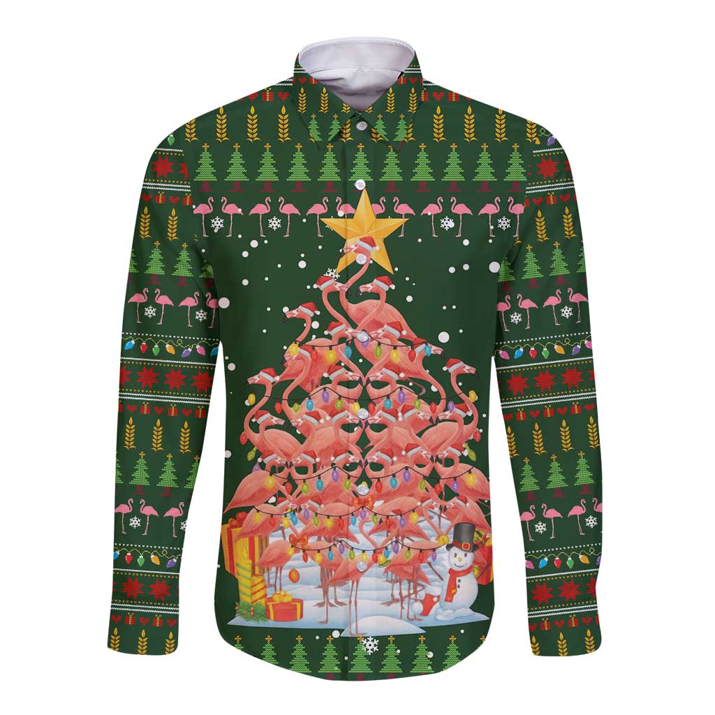 Flamingo Christmas Tree Christmas Long Sleeve Button Shirt Funny Xmas Holiday Patterns - Wonder Print Shop