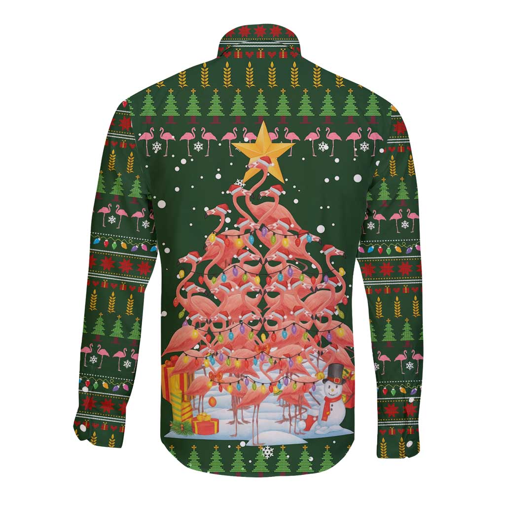 Flamingo Christmas Tree Christmas Long Sleeve Button Shirt Funny Xmas Holiday Patterns - Wonder Print Shop