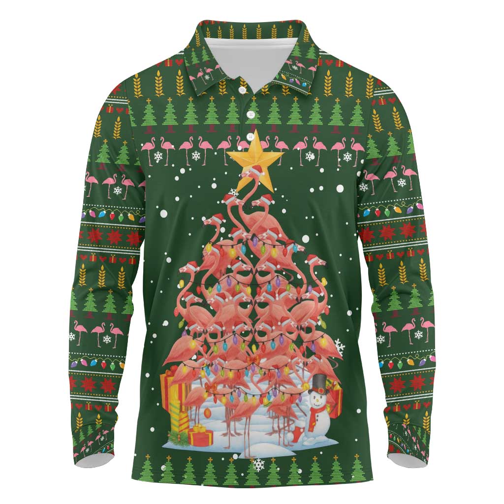 Flamingo Christmas Tree Christmas Long Sleeve Polo Shirt Funny Xmas Holiday Patterns - Wonder Print Shop