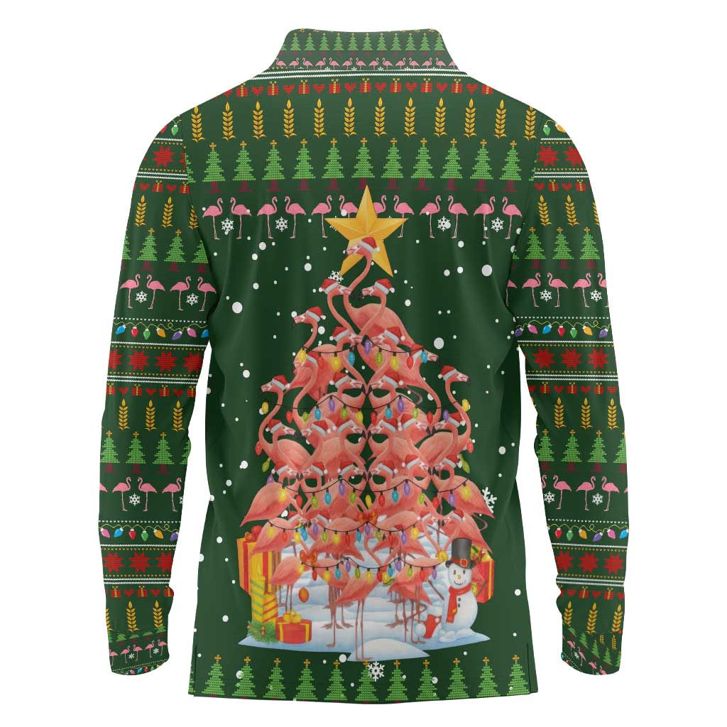 Flamingo Christmas Tree Christmas Long Sleeve Polo Shirt Funny Xmas Holiday Patterns - Wonder Print Shop