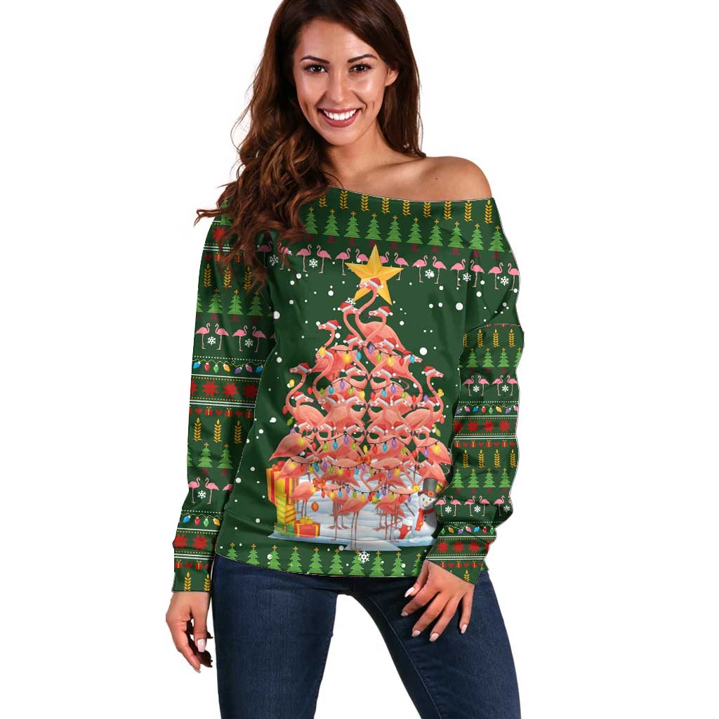 Flamingo Christmas Tree Christmas Off Shoulder Sweater Funny Xmas Holiday Patterns - Wonder Print Shop