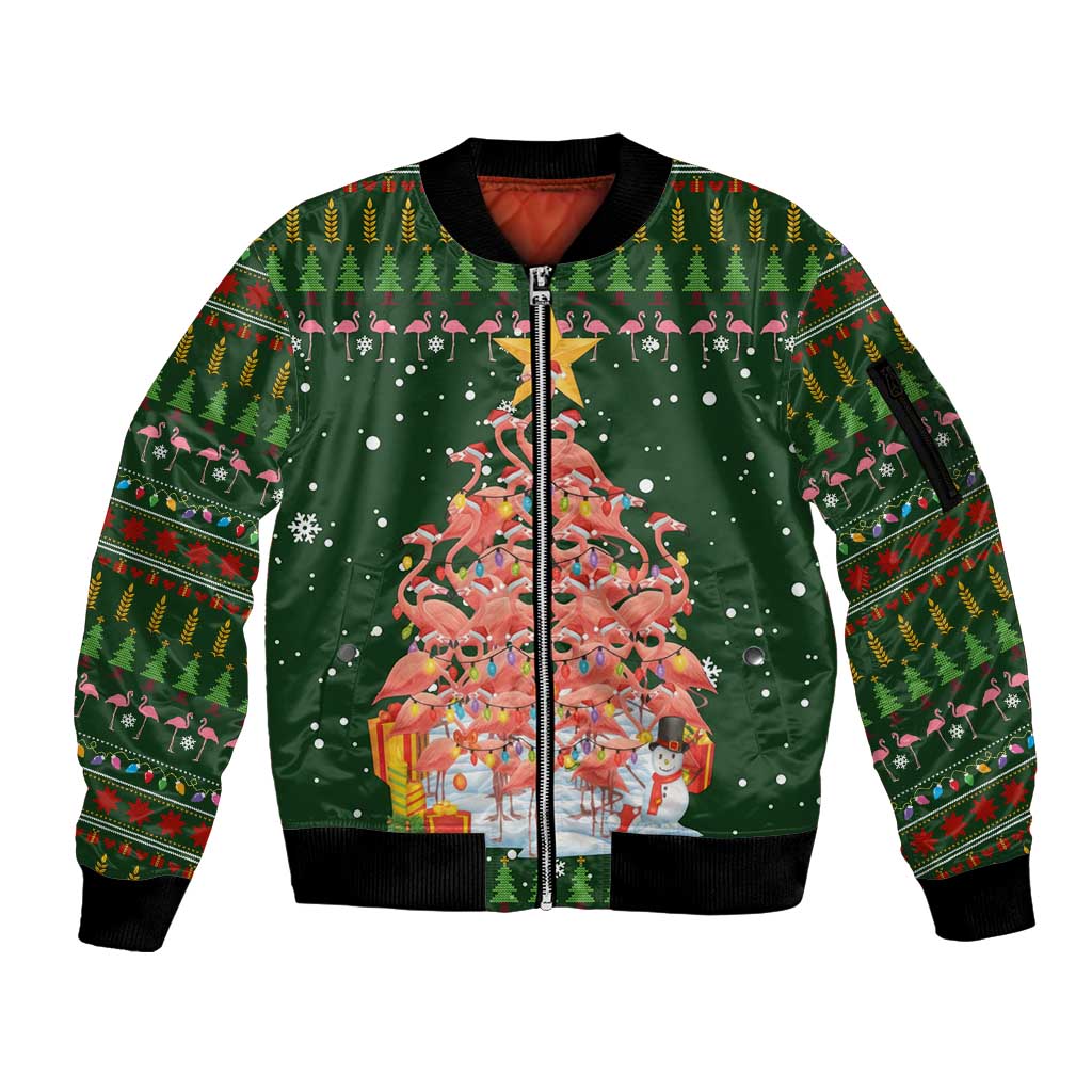 Flamingo Christmas Tree Christmas Sleeve Zip Bomber Jacket Funny Xmas Holiday Patterns - Wonder Print Shop