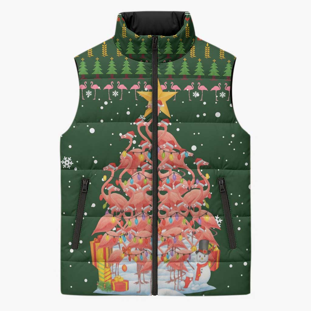 Flamingo Christmas Tree Christmas Sleeveless Puffer Jacket Funny Xmas Holiday Patterns - Wonder Print Shop