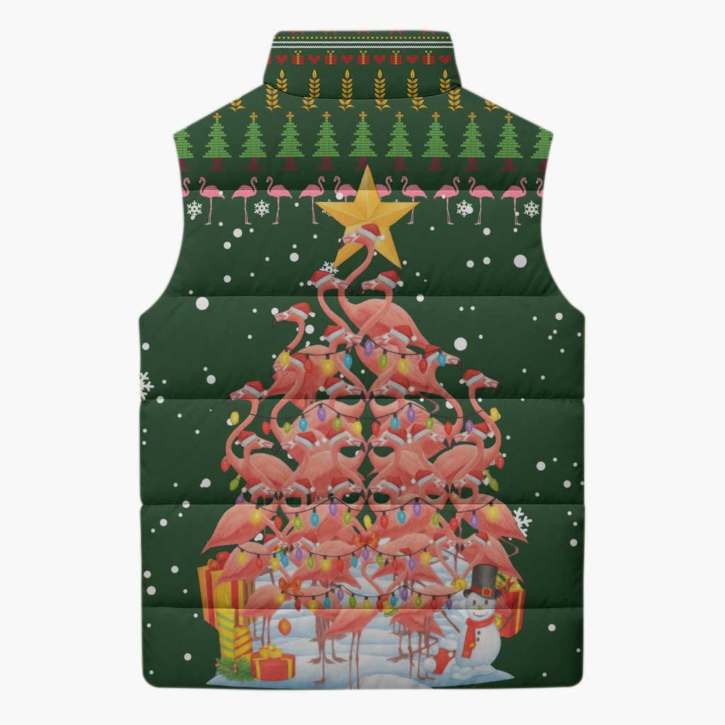 Flamingo Christmas Tree Christmas Sleeveless Puffer Jacket Funny Xmas Holiday Patterns - Wonder Print Shop