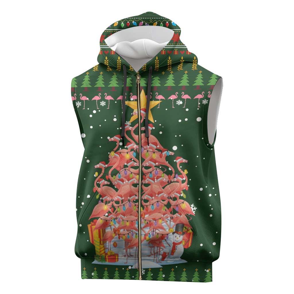 Flamingo Christmas Tree Christmas Sleeveless Zip Hoodie Funny Xmas Holiday Patterns - Wonder Print Shop