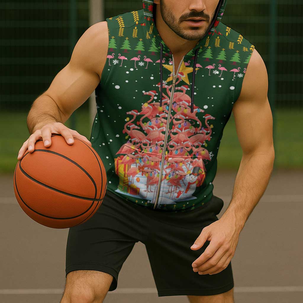 Flamingo Christmas Tree Christmas Sleeveless Zip Hoodie Funny Xmas Holiday Patterns - Wonder Print Shop