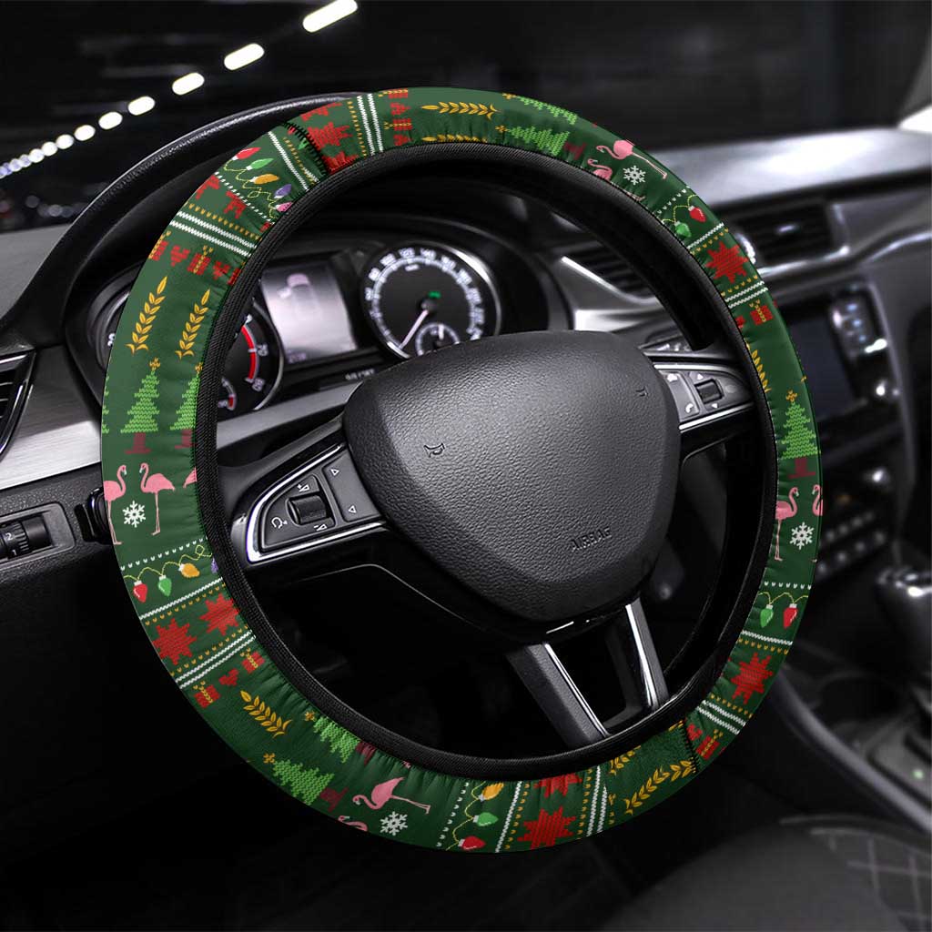 Flamingo Christmas Tree Christmas Steering Wheel Cover Funny Xmas Holiday Patterns - Wonder Print Shop