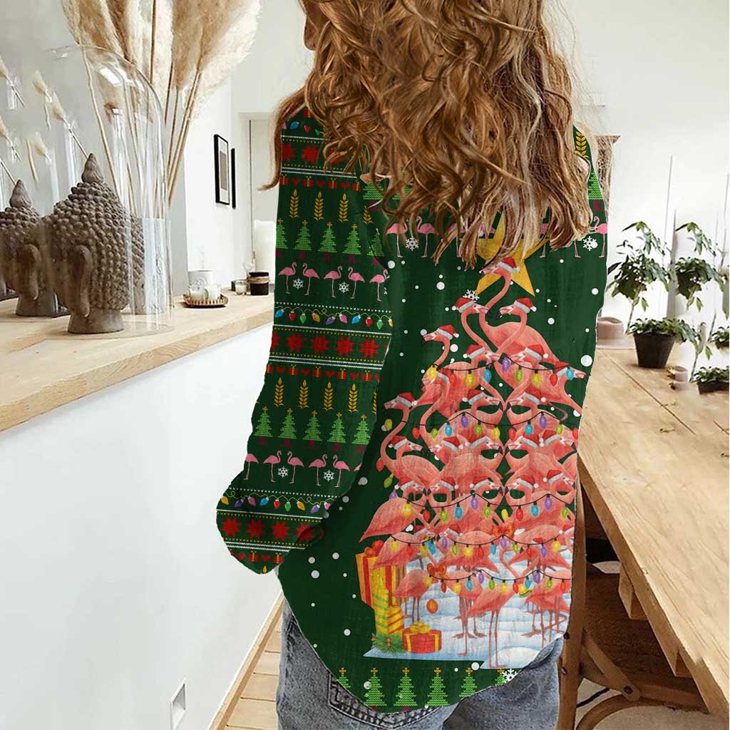 Flamingo Christmas Tree Christmas Women Casual Shirt Funny Xmas Holiday Patterns - Wonder Print Shop
