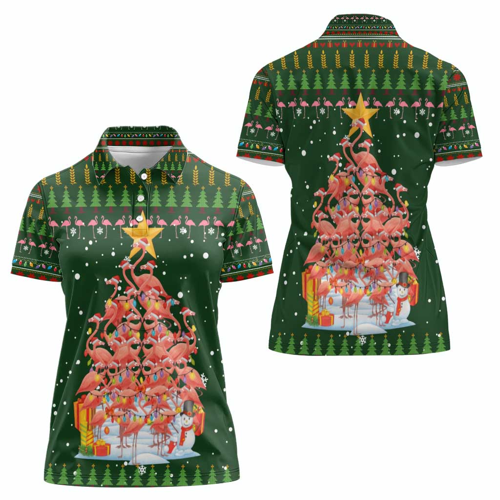 Flamingo Christmas Tree Christmas Women Polo Shirt Funny Xmas Holiday Patterns - Wonder Print Shop