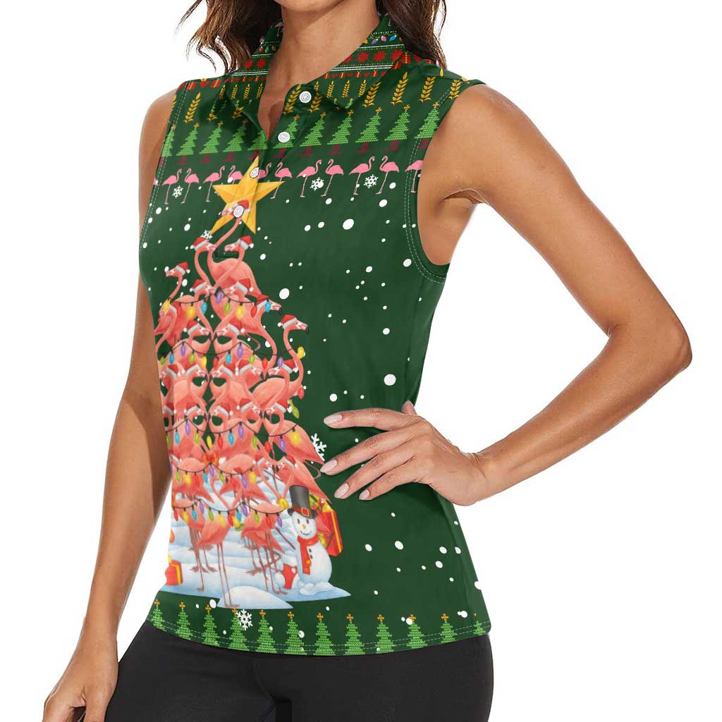 Flamingo Christmas Tree Christmas Women Sleeveless Polo Shirt Funny Xmas Holiday Patterns - Wonder Print Shop