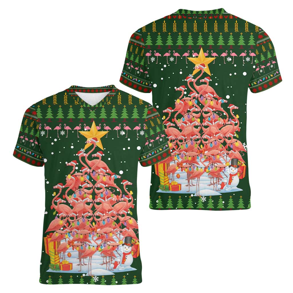 Flamingo Christmas Tree Christmas Women V-Neck T-Shirt Funny Xmas Holiday Patterns - Wonder Print Shop