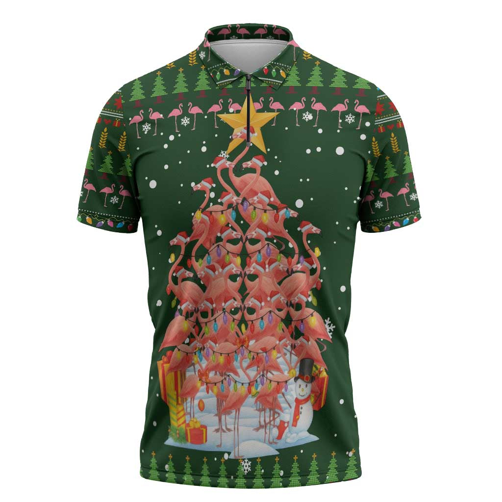 Flamingo Christmas Tree Christmas Zipper Polo Shirt Funny Xmas Holiday Patterns - Wonder Print Shop
