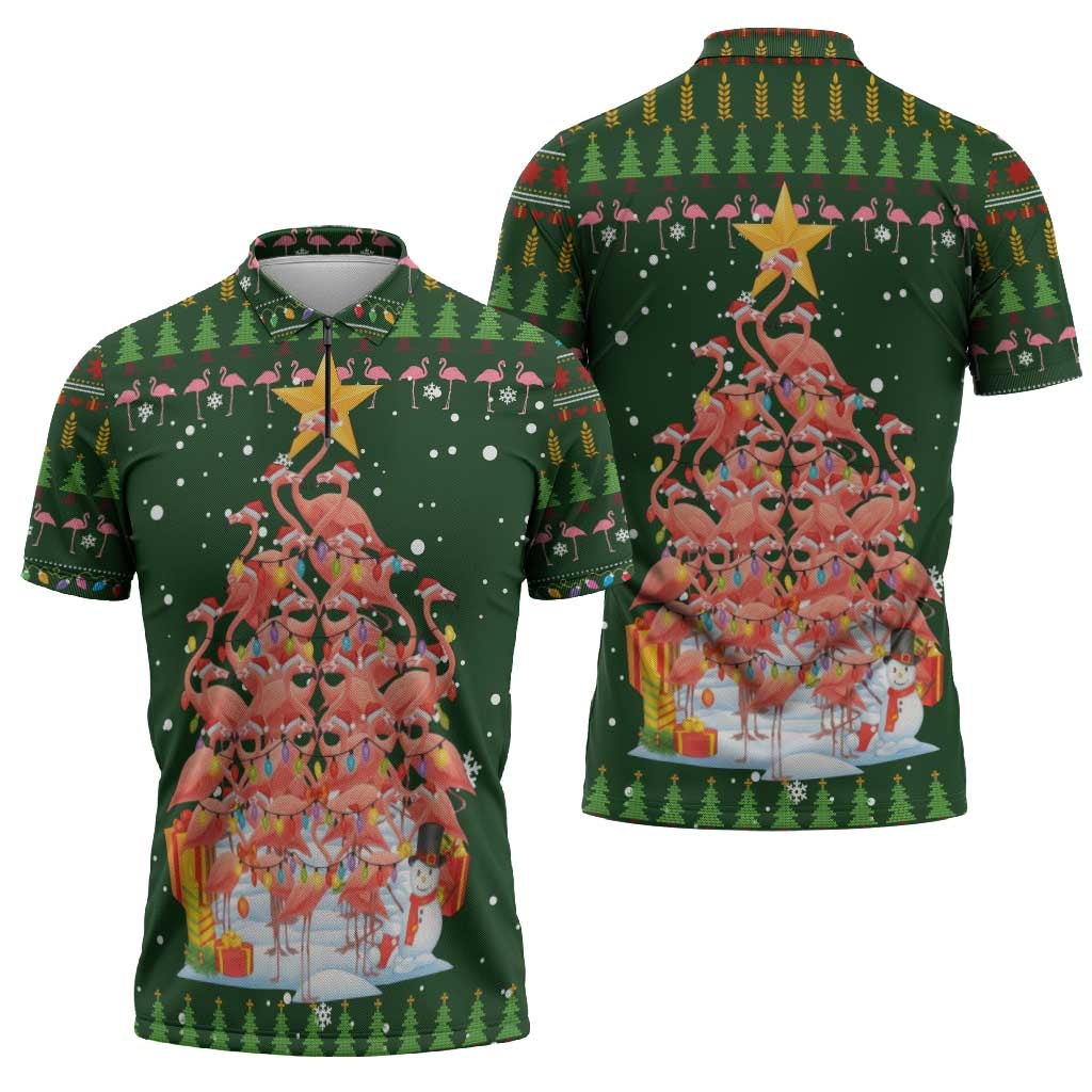 Flamingo Christmas Tree Christmas Zipper Polo Shirt Funny Xmas Holiday Patterns - Wonder Print Shop