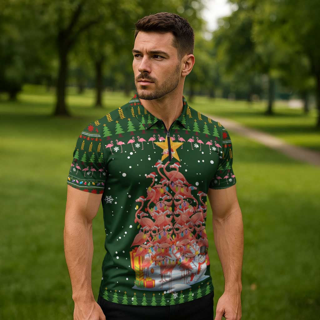 Flamingo Christmas Tree Christmas Zipper Polo Shirt Funny Xmas Holiday Patterns - Wonder Print Shop