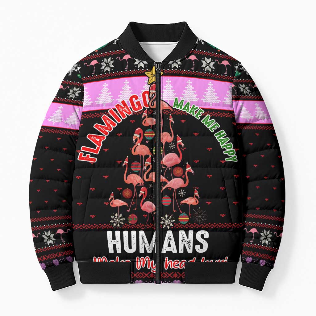 Flamingo Make Me Happy Christmas Bomber Puffer Jacket Funny Xmas Holiday Patterns - Wonder Print Shop