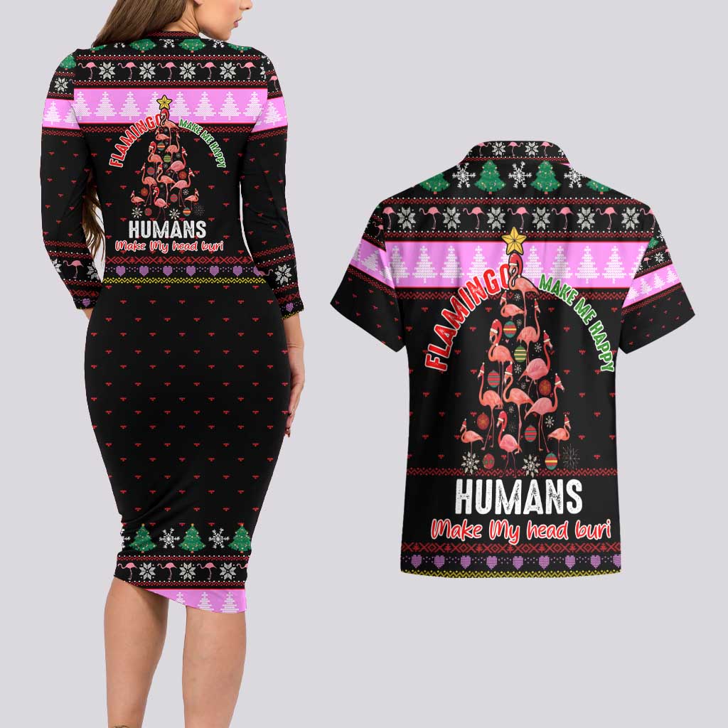 Flamingo Make Me Happy Christmas Couples Matching Long Sleeve Bodycon Dress and Hawaiian Shirt Funny Xmas Holiday Patterns - Wonder Print Shop