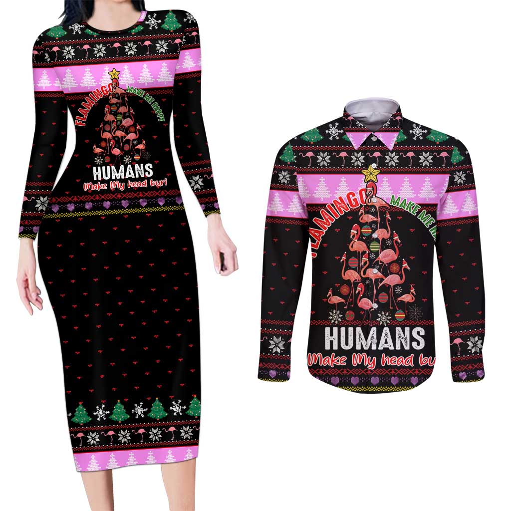 Flamingo Make Me Happy Christmas Couples Matching Long Sleeve Bodycon Dress and Long Sleeve Button Shirt Funny Xmas Holiday Patterns - Wonder Print Shop