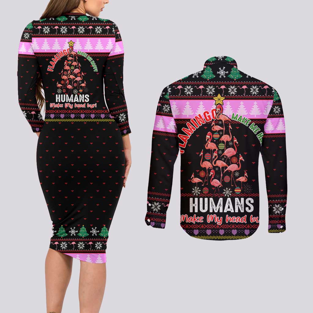 Flamingo Make Me Happy Christmas Couples Matching Long Sleeve Bodycon Dress and Long Sleeve Button Shirt Funny Xmas Holiday Patterns - Wonder Print Shop