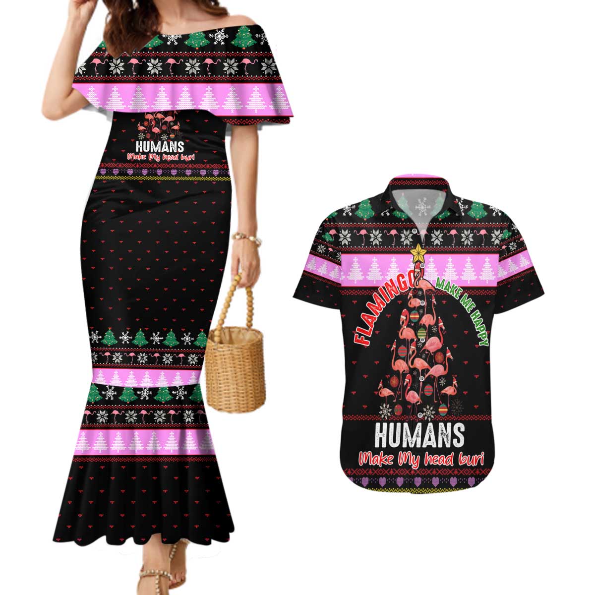 Flamingo Make Me Happy Christmas Couples Matching Mermaid Dress and Hawaiian Shirt Funny Xmas Holiday Patterns - Wonder Print Shop