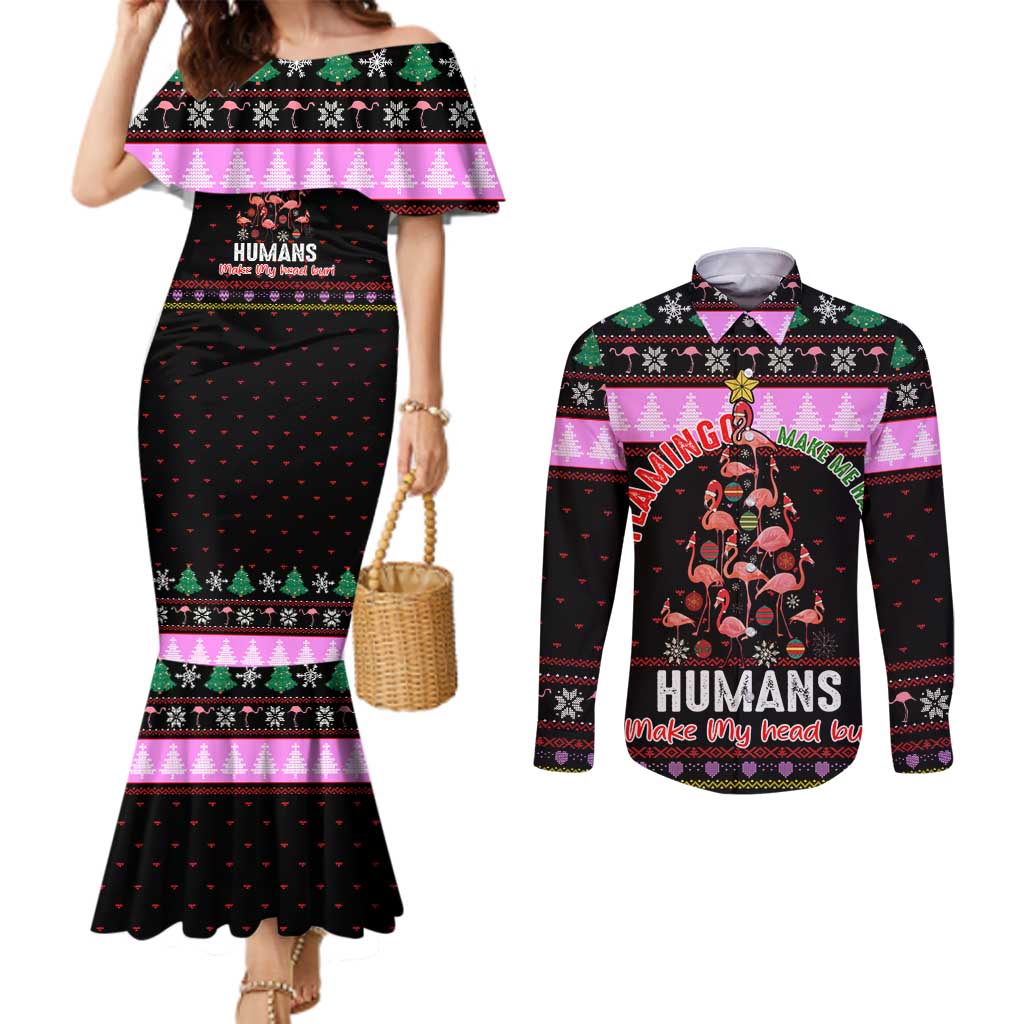 Flamingo Make Me Happy Christmas Couples Matching Mermaid Dress and Long Sleeve Button Shirt Funny Xmas Holiday Patterns - Wonder Print Shop