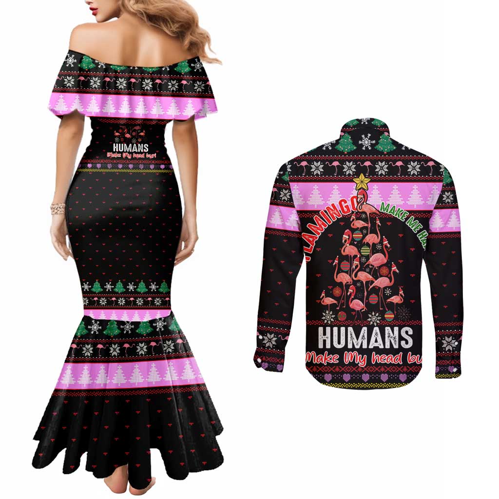 Flamingo Make Me Happy Christmas Couples Matching Mermaid Dress and Long Sleeve Button Shirt Funny Xmas Holiday Patterns - Wonder Print Shop