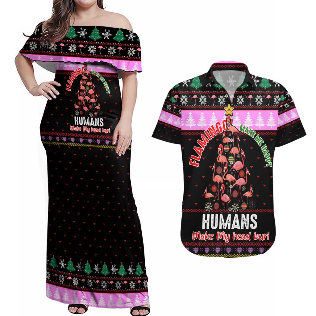 Flamingo Make Me Happy Christmas Couples Matching Off Shoulder Maxi Dress and Hawaiian Shirt Funny Xmas Holiday Patterns - Wonder Print Shop
