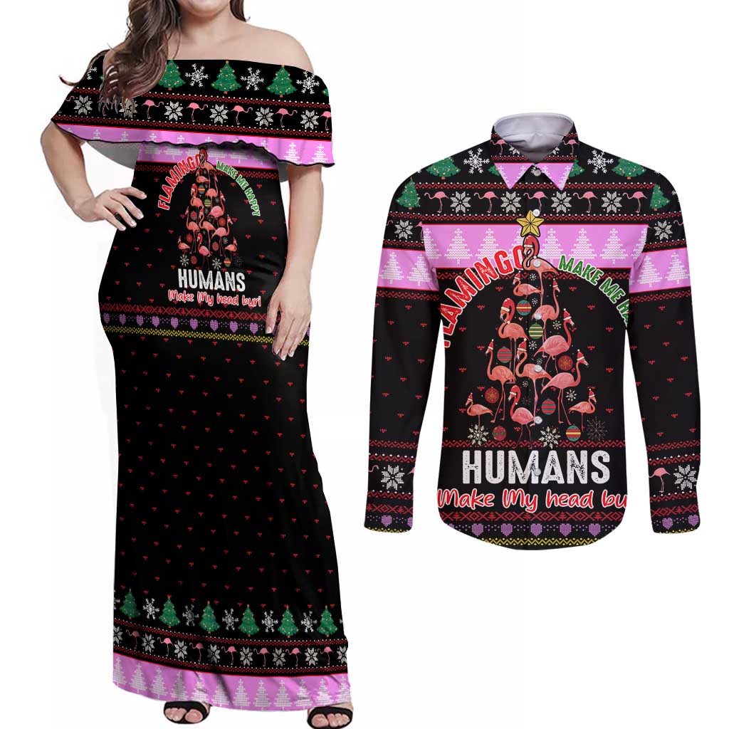 Flamingo Make Me Happy Christmas Couples Matching Off Shoulder Maxi Dress and Long Sleeve Button Shirt Funny Xmas Holiday Patterns - Wonder Print Shop
