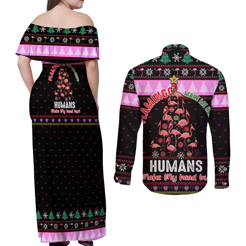 Flamingo Make Me Happy Christmas Couples Matching Off Shoulder Maxi Dress and Long Sleeve Button Shirt Funny Xmas Holiday Patterns - Wonder Print Shop