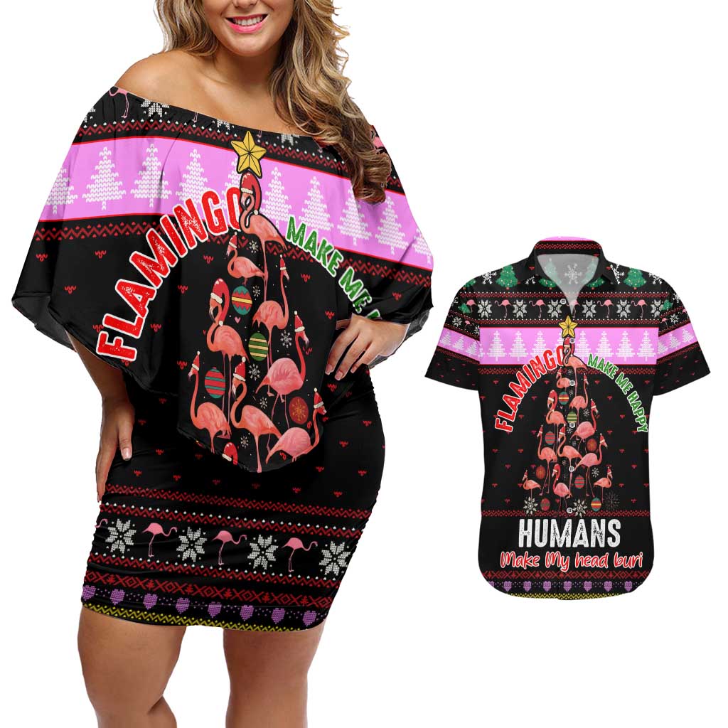 Flamingo Make Me Happy Christmas Couples Matching Off Shoulder Short Dress and Hawaiian Shirt Funny Xmas Holiday Patterns - Wonder Print Shop