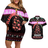 Flamingo Make Me Happy Christmas Couples Matching Off Shoulder Short Dress and Hawaiian Shirt Funny Xmas Holiday Patterns - Wonder Print Shop