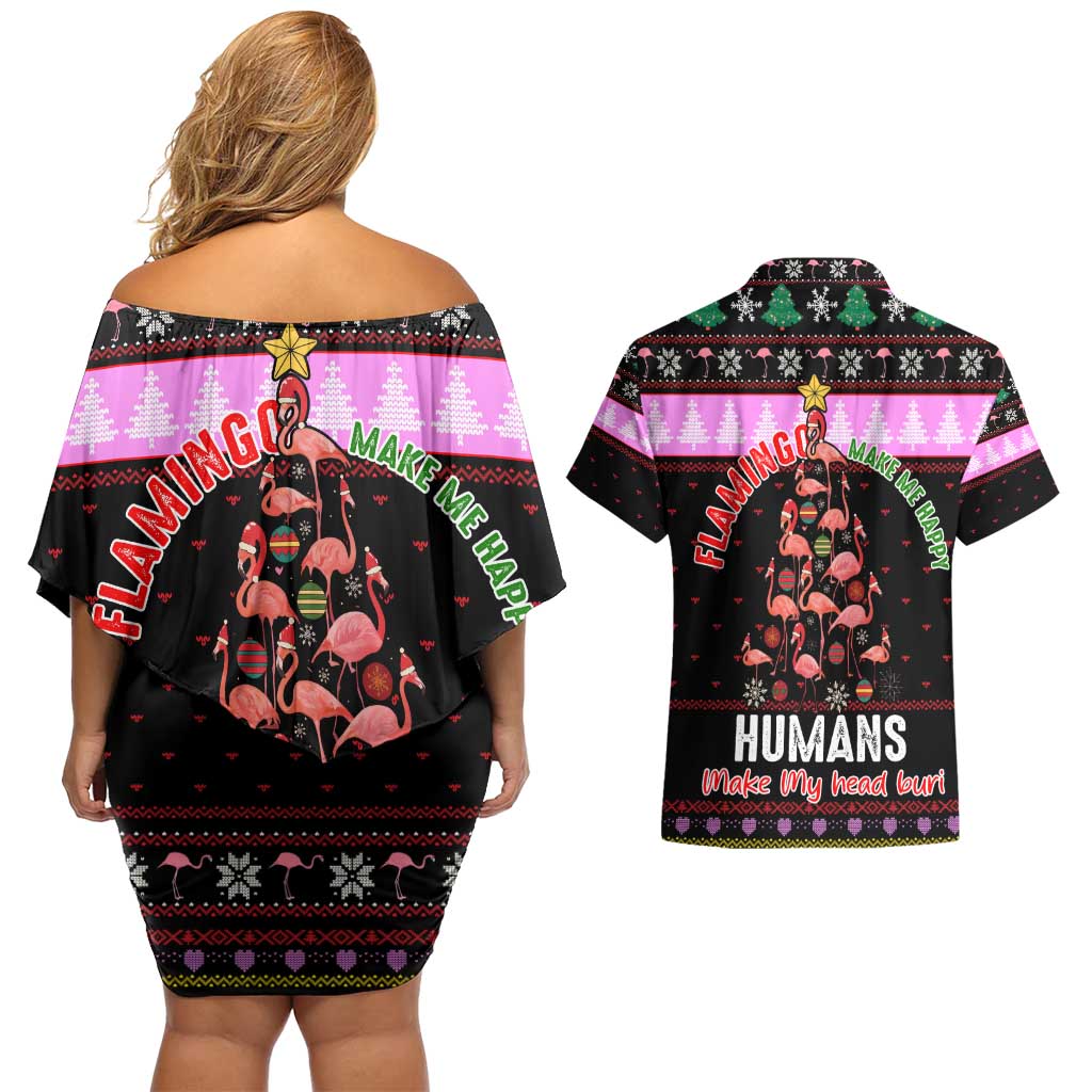 Flamingo Make Me Happy Christmas Couples Matching Off Shoulder Short Dress and Hawaiian Shirt Funny Xmas Holiday Patterns - Wonder Print Shop
