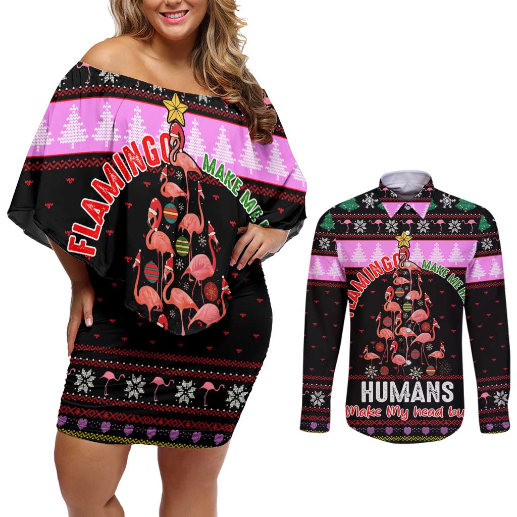 Flamingo Make Me Happy Christmas Couples Matching Off Shoulder Short Dress and Long Sleeve Button Shirt Funny Xmas Holiday Patterns - Wonder Print Shop