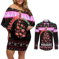 Flamingo Make Me Happy Christmas Couples Matching Off Shoulder Short Dress and Long Sleeve Button Shirt Funny Xmas Holiday Patterns - Wonder Print Shop
