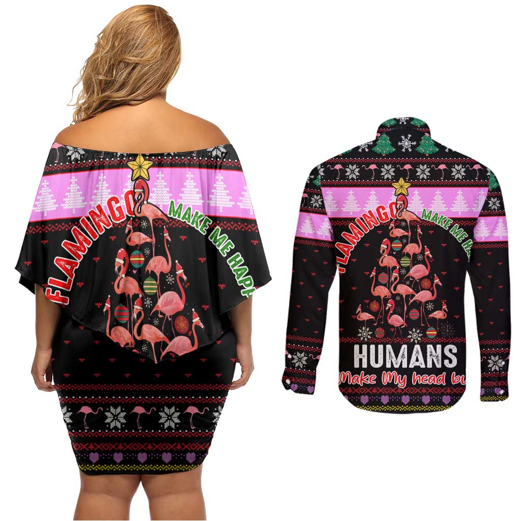 Flamingo Make Me Happy Christmas Couples Matching Off Shoulder Short Dress and Long Sleeve Button Shirt Funny Xmas Holiday Patterns - Wonder Print Shop