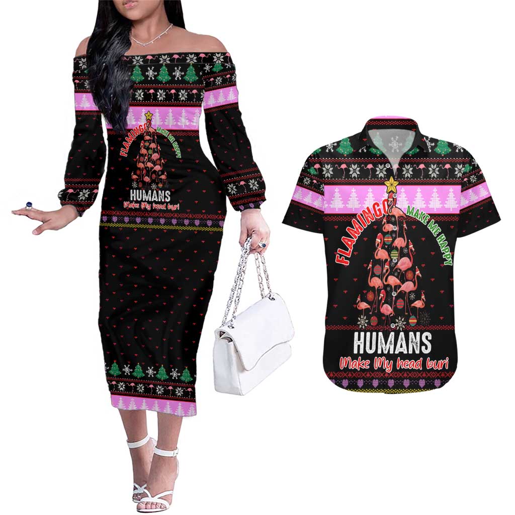 Flamingo Make Me Happy Christmas Couples Matching Off The Shoulder Long Sleeve Dress and Hawaiian Shirt Funny Xmas Holiday Patterns - Wonder Print Shop