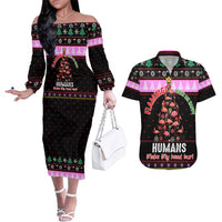 Flamingo Make Me Happy Christmas Couples Matching Off The Shoulder Long Sleeve Dress and Hawaiian Shirt Funny Xmas Holiday Patterns - Wonder Print Shop